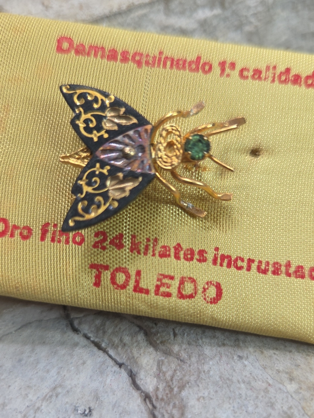 Vintage Toledo Damascene Bee Butterfly Moth Brooch 24k gold plate black Enamel